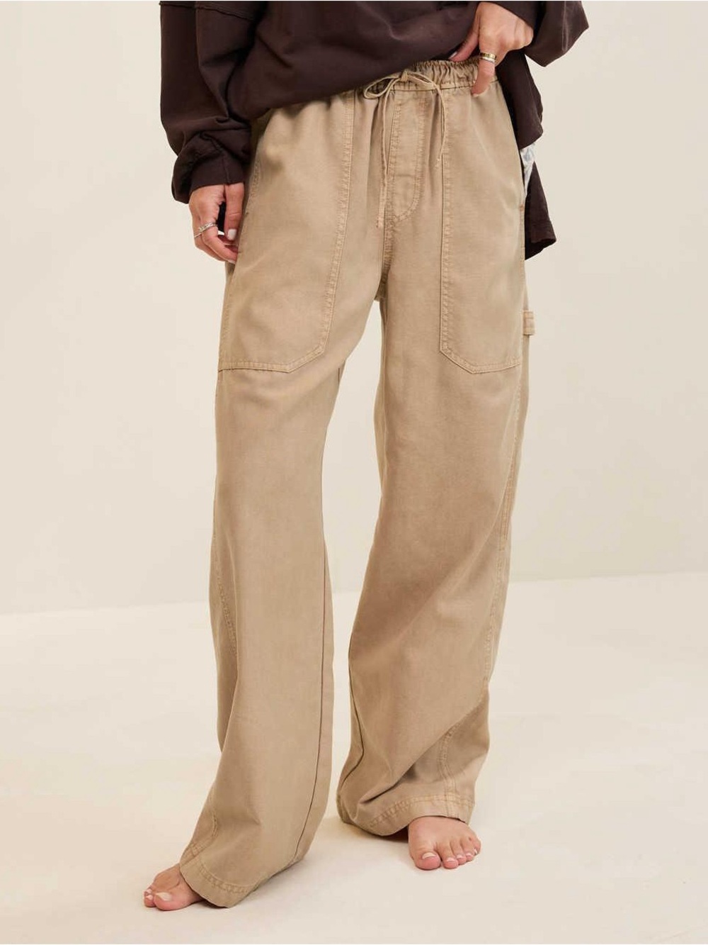 Relaxed Fit Drawstring Utility Pants - Beige